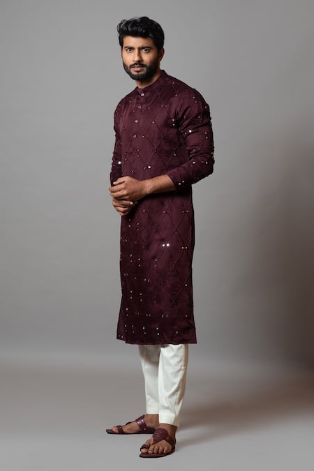 PAARSH_Purple Linen Satin Mirror Work, Pintuck Filigree Kurta Set _Online_at_Aza_Fashions