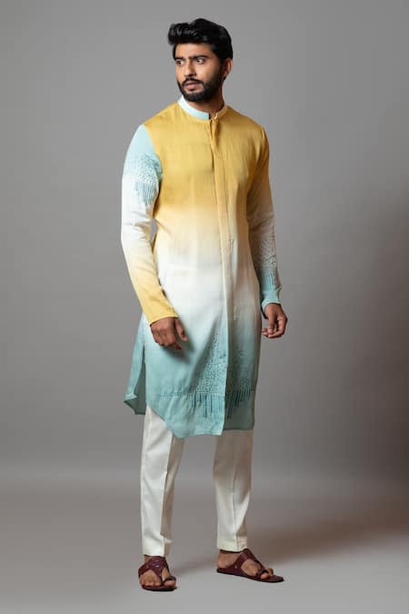 PAARSH_Yellow Linen Satin Thread Work Glitch Ombre Embroidered Kurta Set _Online_at_Aza_Fashions