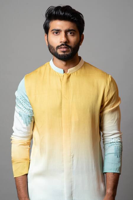 Buy_PAARSH_Yellow Linen Satin Thread Work Glitch Ombre Embroidered Kurta Set _Online_at_Aza_Fashions