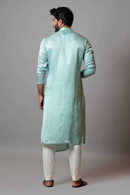 Shop PAARSH Green Linen Satin Pintuck Meadow Asymmetric Overlap Kurta Set at Aza Fashions Shop_PAARSH_Green Linen Satin Pintuck Meadow Asymmetric Overlap Kurta Set _at_Aza_Fashions