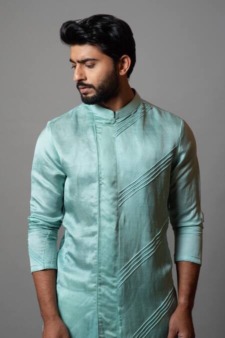 Buy PAARSH Green Linen Satin Pintuck Meadow Asymmetric Overlap Kurta Set Online at Aza Fashions Buy_PAARSH_Green Linen Satin Pintuck Meadow Asymmetric Overlap Kurta Set _Online_at_Aza_Fashions