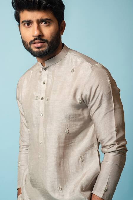 Buy_PAARSH_Grey Cotton, Bamberg Silk Bullion Leaf Embroidered Kurta Set _Online_at_Aza_Fashions