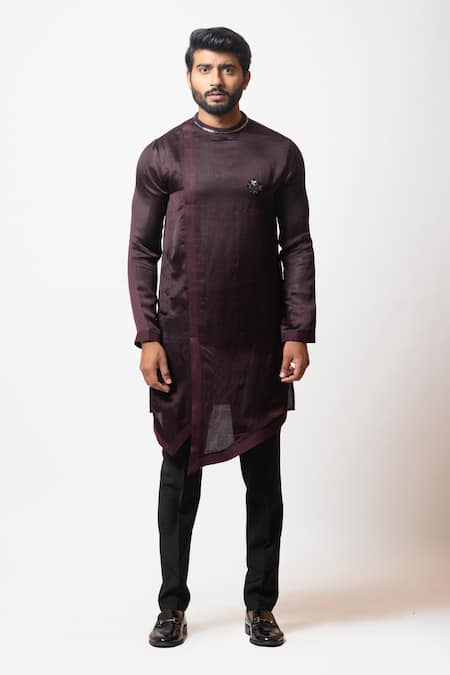 PAARSH_Purple Cotton, Linen Satin Cutdana Work, Thread Phulkari Asymmetric Kurta Set _Online_at_Aza_Fashions