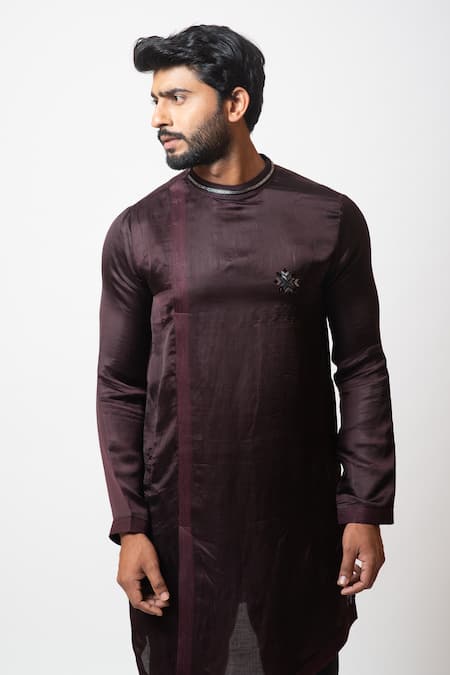 Buy_PAARSH_Purple Cotton, Linen Satin Cutdana Work, Thread Phulkari Asymmetric Kurta Set _Online_at_Aza_Fashions