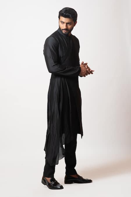 PAARSH_Black Silk, Cotton Qubozoa Overlap Kurta Set _Online_at_Aza_Fashions