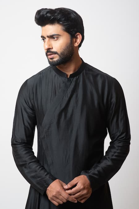 Shop_PAARSH_Black Silk, Cotton Qubozoa Overlap Kurta Set _Online_at_Aza_Fashions