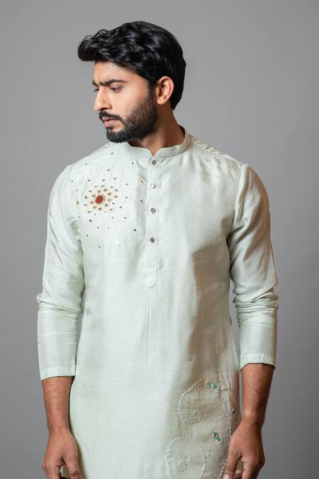PAARSH_Green Cotton, Bamberg Silk Mirror , Thread Sunday Surf Kurta Set _Online_at_Aza_Fashions