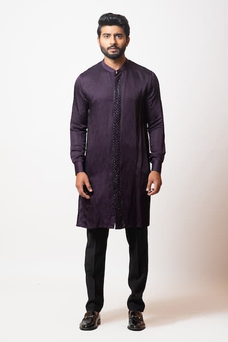 PAARSH_Purple Cotton, Linen Satin Cutdana Work, Cosmoid Embroidered Placket Kurta Set _Online_at_Aza_Fashions