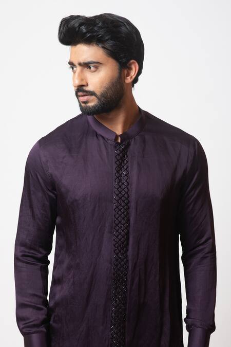 Shop_PAARSH_Purple Cotton, Linen Satin Cutdana Work, Cosmoid Embroidered Placket Kurta Set _Online_at_Aza_Fashions