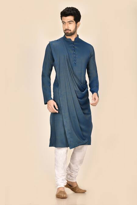 Aryavir Malhotra Blue Viscose Rayon Draped Kurta Set 