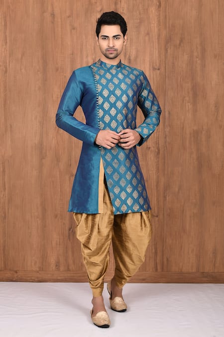 Aryavir Malhotra Blue Dupion Silk Woven Floral Kurta Set