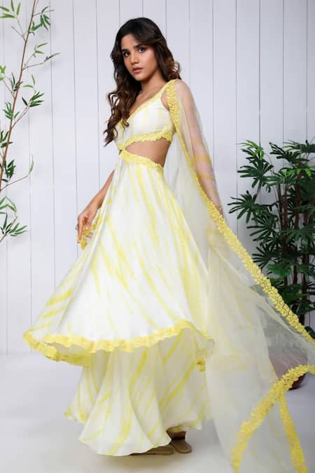 K&A By Karishma and Ashita Yellow Cotton Satin Tie And Dye Shibori Plunge V Neck & Cutwork Anarkali Set 