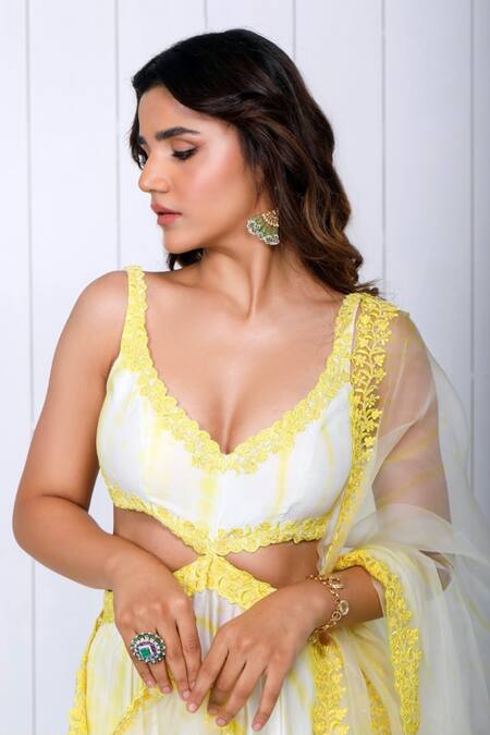 K & A By Karishma And Ashita_Yellow Cotton Satin, Dupatta Organza, Lining Tie And Dye Cutwork Anarkali Set _Online_at_Aza_Fashions