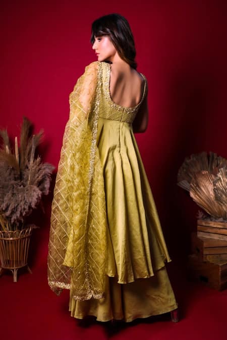 Shop_K&A By Karishma and Ashita_Green Chanderi, Dupatta Organza, Lining Butter Crepe Sweetheart Anarkali Set _at_Aza_Fashions
