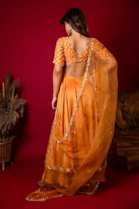 Shop K & A By Karishma And Ashita Orange Chanderi, Dupatta Organza, Lining Butter Crepe Plunge V Anarkali Set at Aza Fashions Shop_K & A By Karishma And Ashita_Orange Chanderi, Dupatta Organza, Lining Butter Crepe Plunge V Anarkali Set _at_Aza_Fashions