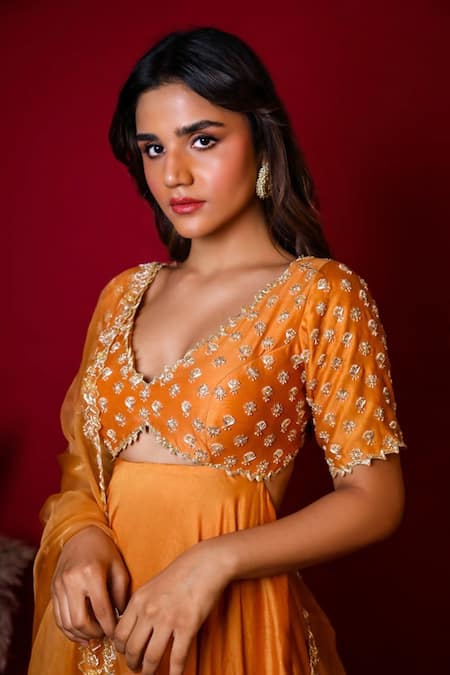 K & A By Karishma And Ashita Orange Chanderi, Dupatta Organza, Lining Butter Crepe Plunge V Anarkali Set Online at Aza Fashions K & A By Karishma And Ashita_Orange Chanderi, Dupatta Organza, Lining Butter Crepe Plunge V Anarkali Set _Online_at_Aza_Fashions