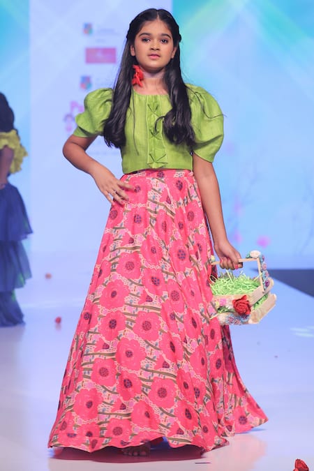 Buy_Kirti Agarwal - Pret N Couture_Green Muslin, Cotton Floral Print Skirt Set _Online_at_Aza_Fashions