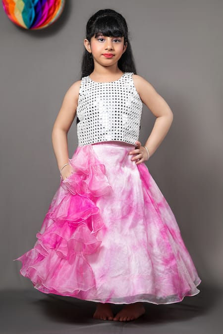 Shop_Kirti Agarwal - Pret N Couture_Pink Silk, Organza, Georgette Mirrors Tie-dye Lehenga With Top _Online_at_Aza_Fashions