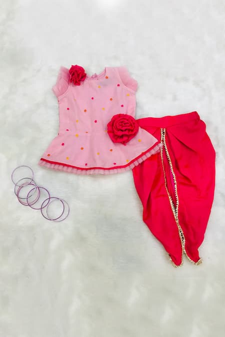 Kirti Agarwal - Pret N Couture Pink Cotton, Silk Embroidery, Applique Kurta And Dhoti Pant Set 