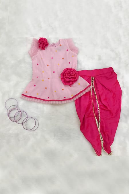 Shop Kirti Agarwal - Pret N Couture Pink Cotton, Silk Embroidery, Applique Kurta And Dhoti Pant Set at Aza Fashions Shop_Kirti Agarwal - Pret N Couture_Pink Cotton, Silk Embroidery, Applique Kurta And Dhoti Pant Set _at_Aza_Fashions