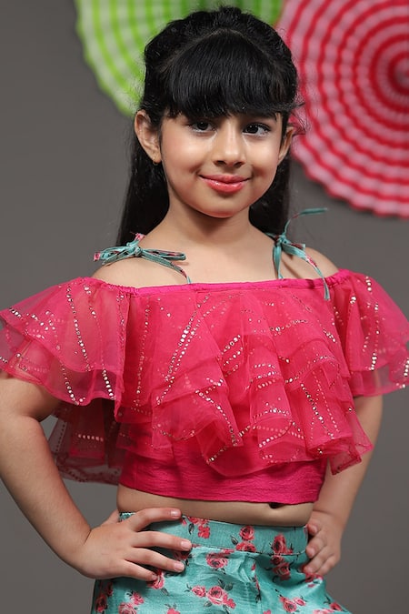 Shop_Kirti Agarwal - Pret N Couture_Pink Silk, Net Sequins, Embroidery Off Shoulder Top And Palazzo Set _Online_at_Aza_Fashions