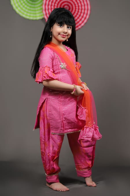 Kirti Agarwal - Pret N Couture_Pink Chanderi, Silk, Net Embroidery Tie And Dye Kurta Set _Online_at_Aza_Fashions