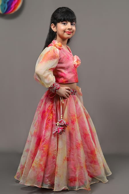 Kirti Agarwal - Pret N Couture_Pink Silk, Organza Fabric Flowers Tie And Dye Lehenga Set _Online_at_Aza_Fashions