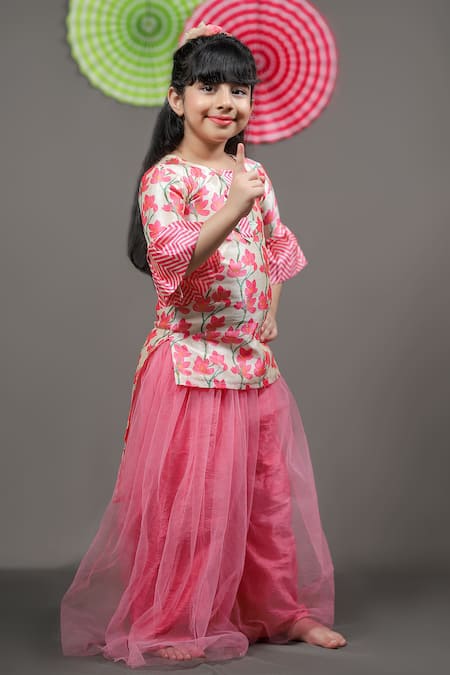 Kirti Agarwal - Pret N Couture_Pink Silk, Net, Acrylic Embroidery Printed Kurta And Palazzo Set _Online_at_Aza_Fashions