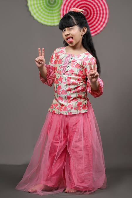 Buy_Kirti Agarwal - Pret N Couture_Pink Silk, Net, Acrylic Embroidery Printed Kurta And Palazzo Set _Online_at_Aza_Fashions