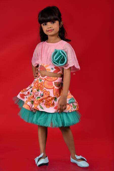 Kirti Agarwal - Pret N Couture_Pink Cotton, Georgette Fabric Flowers Crop Top And Printed Skirt Set _Online_at_Aza_Fashions