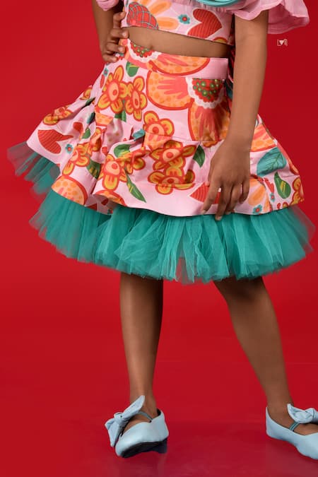 Shop_Kirti Agarwal - Pret N Couture_Pink Cotton, Georgette Fabric Flowers Crop Top And Printed Skirt Set _Online_at_Aza_Fashions