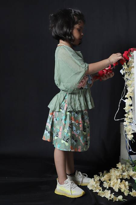 Kirti Agarwal - Pret N Couture_Green Cotton, Georgette Fabric Flowers Peplum Top And Skirt Set _Online_at_Aza_Fashions