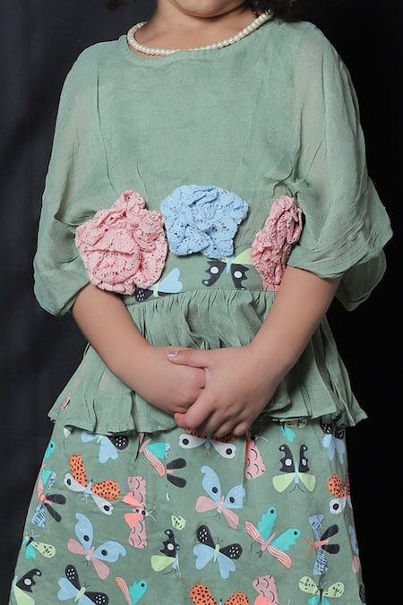 Shop_Kirti Agarwal - Pret N Couture_Green Cotton, Georgette Fabric Flowers Peplum Top And Skirt Set _Online_at_Aza_Fashions