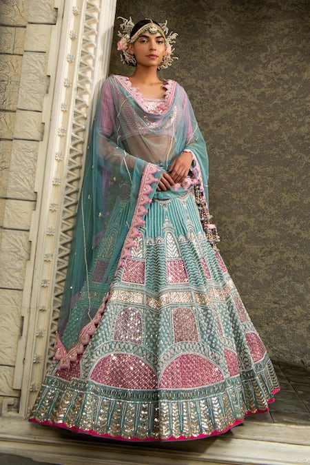 Pleasant Grey Sequins, Zari, and Thread embroidery net Semi Stitched Wedding  Lehenga - MEGHALYA - 3329450