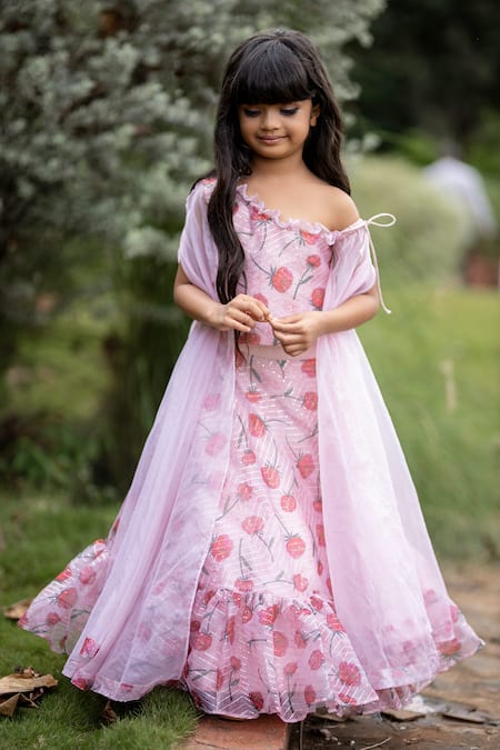 Buy_Kirti Agarwal - Pret N Couture_Red Organza, Silk Sequins, Ruffles Printed Lehenga Set _Online_at_Aza_Fashions