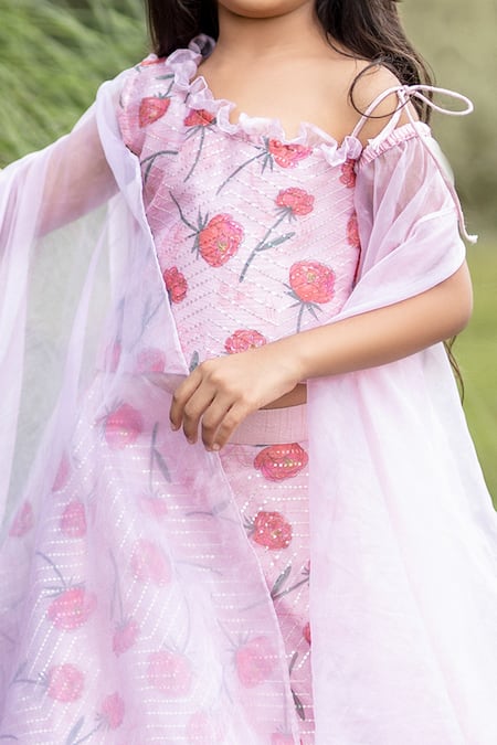 Shop_Kirti Agarwal - Pret N Couture_Red Organza, Silk Sequins, Ruffles Printed Lehenga Set _Online_at_Aza_Fashions