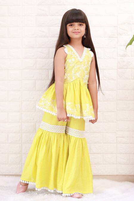 Kirti Agarwal - Pret N Couture_Yellow Chanderi Silk, Linen, Cotton Lace, Pom-poms, Pleated Kurta And Sharara Set _Online_at_Aza_Fashions