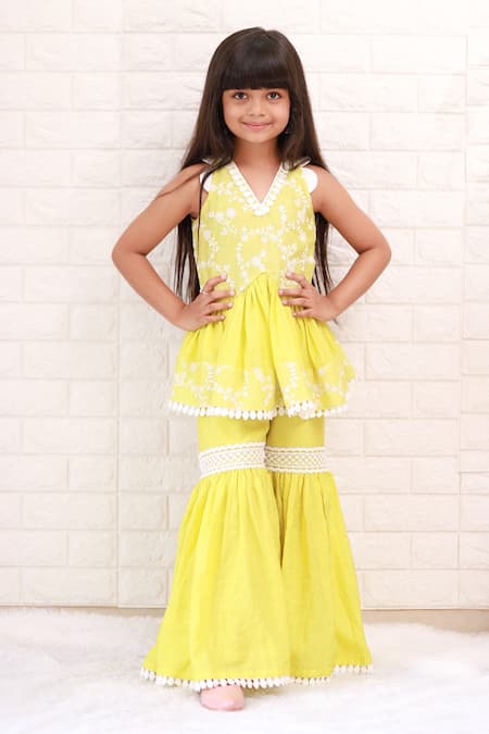 Buy_Kirti Agarwal - Pret N Couture_Yellow Chanderi Silk, Linen, Cotton Lace, Pom-poms, Pleated Kurta And Sharara Set _Online_at_Aza_Fashions