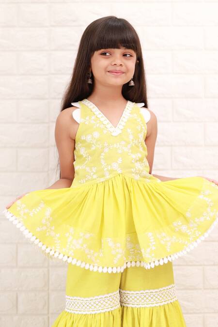 Shop_Kirti Agarwal - Pret N Couture_Yellow Chanderi Silk, Linen, Cotton Lace, Pom-poms, Pleated Kurta And Sharara Set _Online_at_Aza_Fashions