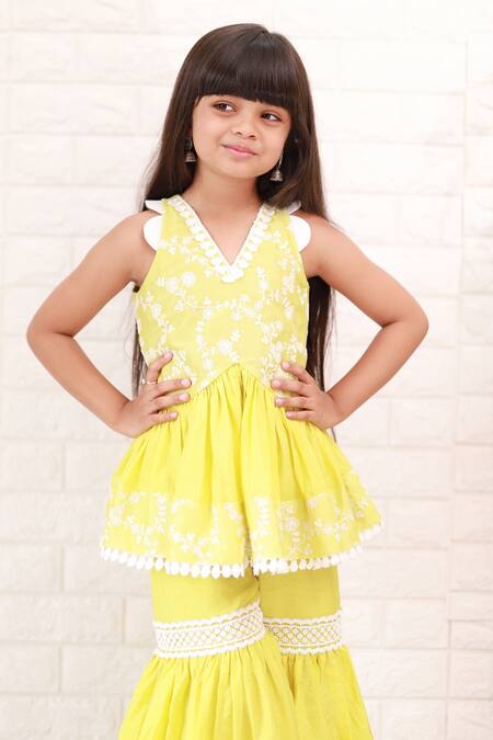 Kirti Agarwal - Pret N Couture_Yellow Chanderi Silk, Linen, Cotton Lace, Pom-poms, Pleated Kurta And Sharara Set _at_Aza_Fashions