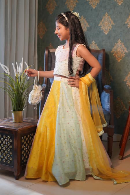 Buy_Kirti Agarwal - Pret N Couture_Multi Color Silk, Net, Linen Embroidery Lehenga Crop Top Set _Online_at_Aza_Fashions