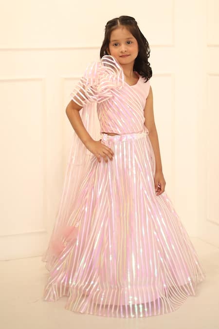 Buy_Kirti Agarwal - Pret N Couture_Pink Net, Organza, Silk Applique, Fabric Flowers Floral Top With Ghaghra _Online_at_Aza_Fashions