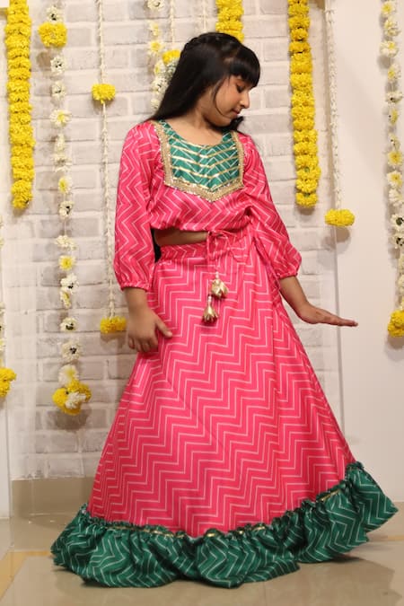 Kirti Agarwal - Pret N Couture_Pink Modal, Cotton Tassels Chevron Print Crop Top And Lehenga Set _Online_at_Aza_Fashions