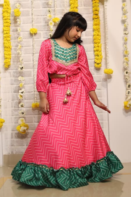 Shop_Kirti Agarwal - Pret N Couture_Pink Modal, Cotton Tassels Chevron Print Crop Top And Lehenga Set _Online_at_Aza_Fashions