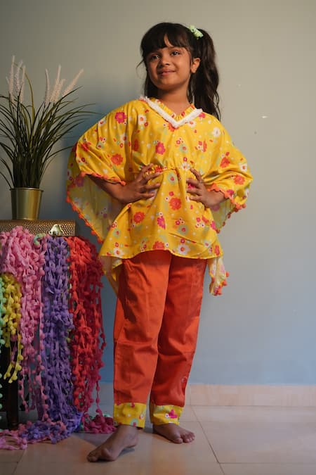 Kirti Agarwal - Pret N Couture_Yellow Modal, Cotton Pom-poms Flower Print Kaftan And Pant Set _Online_at_Aza_Fashions
