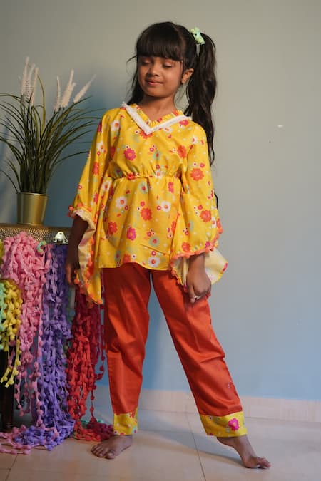 Shop_Kirti Agarwal - Pret N Couture_Yellow Modal, Cotton Pom-poms Flower Print Kaftan And Pant Set _Online_at_Aza_Fashions