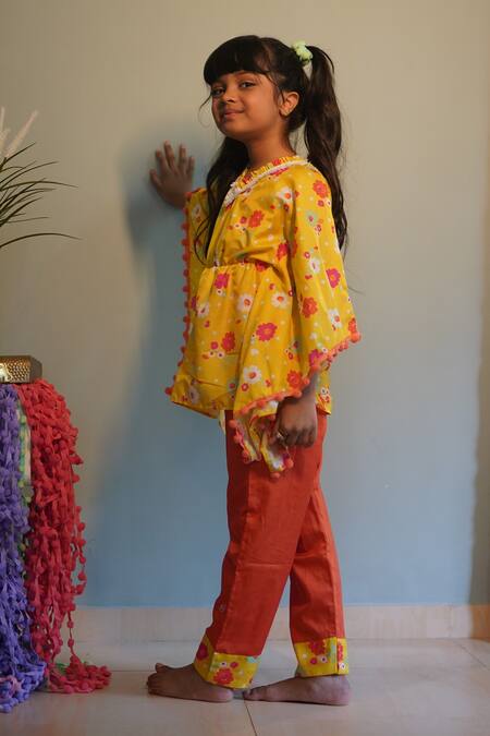 Kirti Agarwal - Pret N Couture_Yellow Modal, Cotton Pom-poms Flower Print Kaftan And Pant Set _at_Aza_Fashions