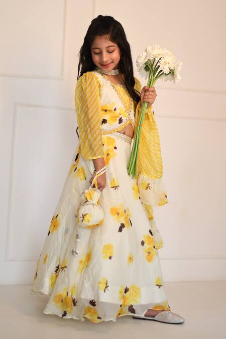 Kirti Agarwal - Pret N Couture_Off White Satin, Organza, Cotton, Silk Floral Print Crop Top And Lehenga Set_Online_at_Aza_Fashions