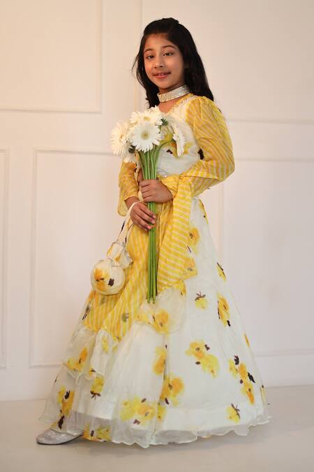 Buy_Kirti Agarwal - Pret N Couture_Off White Satin, Organza, Cotton, Silk Floral Print Crop Top And Lehenga Set_Online_at_Aza_Fashions