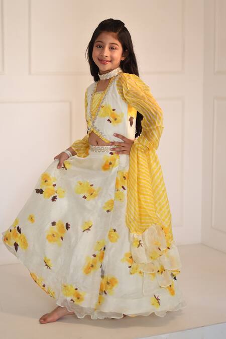 Shop_Kirti Agarwal - Pret N Couture_Off White Satin, Organza, Cotton, Silk Floral Print Crop Top And Lehenga Set_Online_at_Aza_Fashions